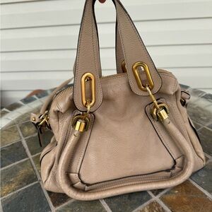 Pebbled Taupe Leather Shoulder Bag with Gold Hardware